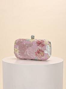 1pc Luxury Rhinestone & Pearl Evening Clutch, Exquisite Handmade Beaded Handbag, High-End Formal Dress Crossbody Small Bag, Party Banquet Socialite Rhinestone Chain Handbag - Pink - View 3