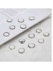 14pcs/Set Personalized Vintage Yin Yang Tai Chi Elephant Geometric Feather Leaf Rings - Tai Chi Elephant Geometric Feather Leaf Ring 14-piece Set - View 5