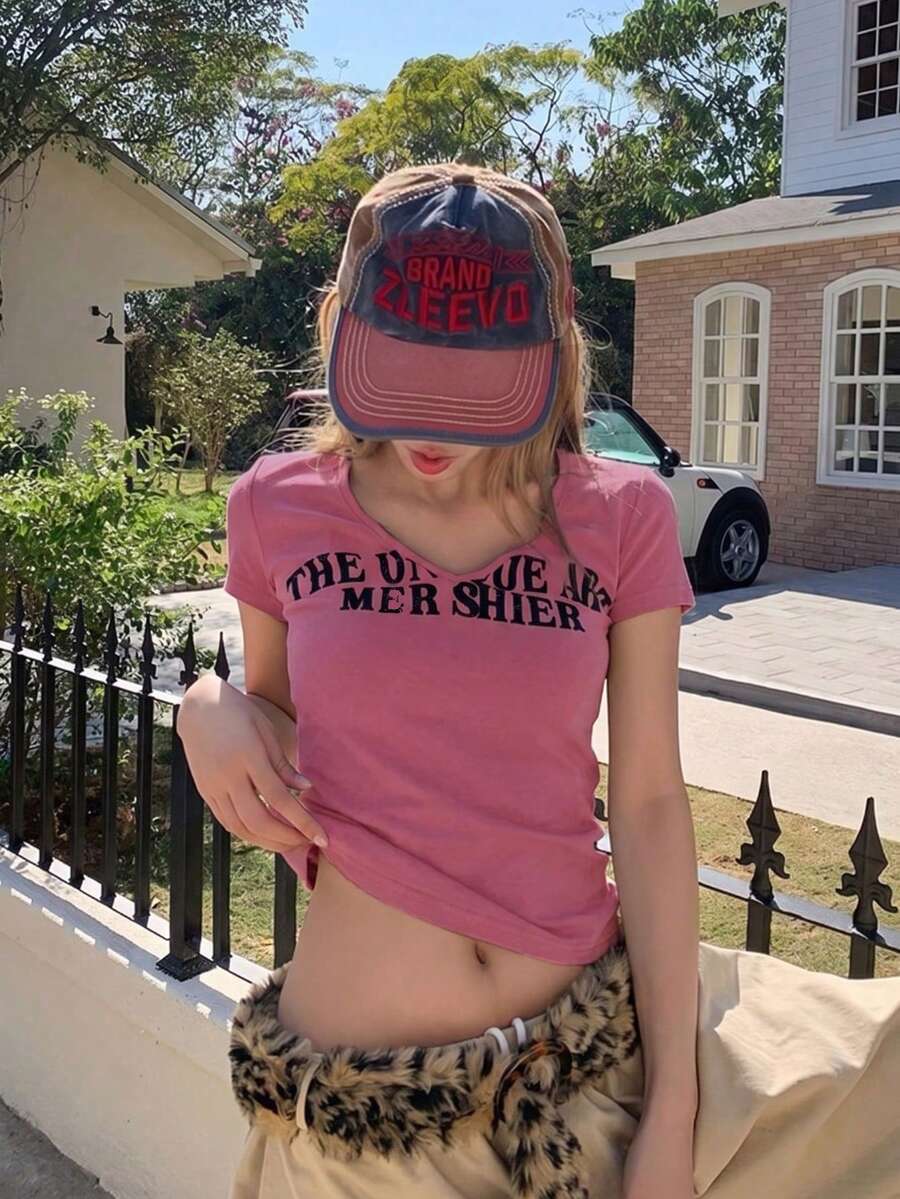 女款美式復古字母印花短袖T恤,修身顯瘦,休閒慵懶風短版上衣,粉色夏季款 - 粉色 - 查看 1