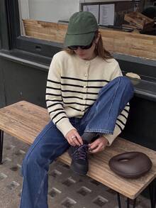 Women's Striped Knit Cardigan, Cute Heart Sweater, Suitable For Christmas, Halloween, Thanksgiving - White - View 2