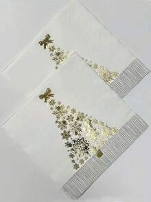 20pcs Gold Foil Christmas Tree Napkins – White Background Featuring Gold And Silver Foil Christmas Tree Patterns And Elegant Snowflake Designs, Accented With Gold Bows; Suitable For Christmas Celebrations. - Multicolor - View 3