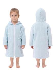 SHENG CHUN 1pc Children's Zippered Absorbent Bathrobe, Easy To Put On And Take Off, Suitable For All Seasons, Warm, Coral Fleece Bathrobe, Suitable For Multiple Ages, Children's Hooded Bathrobe, Absorbent, With Pockets, Ultra-Fine Microfiber Coral Fleece, Essential For Home, Beach, Swimming, Bathing, Hot Springs, Bathroom - Blue Triangle Stripe - View 9