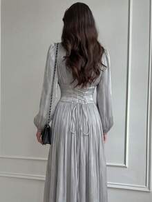 Women's Solid Color Long Sleeve Woven Full Body Lined Ruched Waist Back Tie A-Line Sexy Elegant Wedding Party Dress - Light Grey - View 5