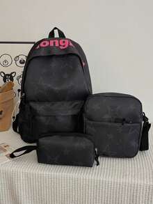 Dedoo 3‑Pcs Backpack Set,Star & Letter Print,Color‑Block Drawstring Zipper,Large Capacity,School Bookbag,College University Campus Daily Student Bag - Black - View 3