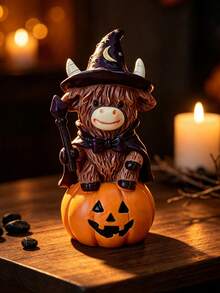 Halloween Highland Cow Wizard Desktop Ornament, Resin Statue With Pumpkin Base, Cute Witch Yak Figurine, Halloween Party Tabletop Decor, Holiday Home Decoration Gift - Magic Cow - View 10