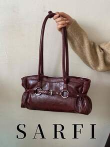 Modische hochwertige weinrote PU-Material Damen Schultertasche, hochwertige exquisite Hardware Schlaufe mit dekorativer Schultertasche/Pendler-Tasche - Bordeaux - Übersicht 1