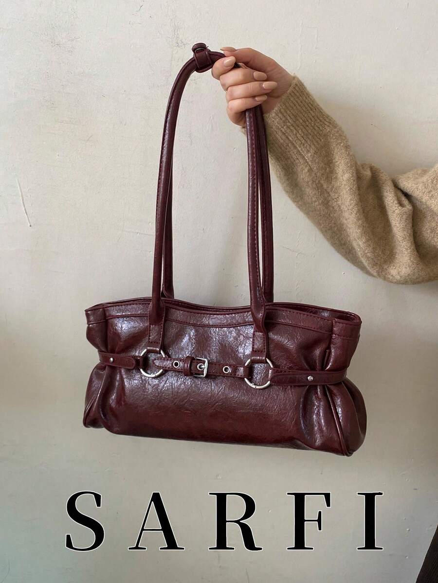 Modische hochwertige weinrote PU-Material Damen Schultertasche, hochwertige exquisite Hardware Schlaufe mit dekorativer Schultertasche/Pendler-Tasche - Bordeaux - Übersicht 1