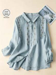 Summer Vintage Bohemian Loose Casual Commute Lapel Long Sleeve Embroidered Shirt Cardigan Top, Autumn Hobo Artistic Elegant Embroidered Lapel Blouse, All-Season Versatile Commute Office Vacation Holiday Party Tea Party Embroidered Casual Everyday Outing Shirt, Blue Shirt, Button Up Shirt For Women - Blue - View 3