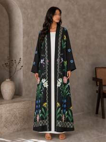 Hafizah New Fashion Printed Cardigan Jacket & Long Dress With Headscarf 2 Pieces Set For Women - Black - View 3