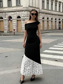Keke Bloomly New Women's Asymmetrical Shoulder Fitted Mermaid Rose Romantic Floral Patchwork Long Dress, Valentine's Day Outfit, Autumn New Arrival, Suitable For Parties - Black and White - View 2