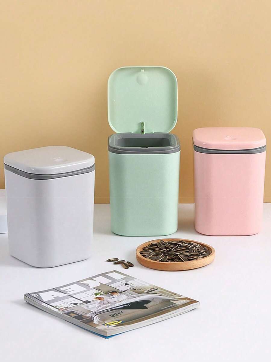 1pc Mini Trash Can With Lid, Small Desktop Waste Bin, Plastic Desktop Waste Basket, Twist Lid Design To Prevent Odor Leakage, Suitable For Storing Fruit Peels And Paper Scraps, Keeps Desktop Tidy, Applicable For Bathroom, Home Office Desktop Decoration, Coffee Table, Office, Living Room, Study And Other Places - A - View 1