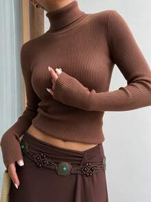 SEREN New Autumn/Winter Brown Turtleneck Women's Sweater, Slim Fit, Solid Color Vertical Ribbed Texture, Casual Top, Suitable For Daily Wear - Coffee Brown - View 9