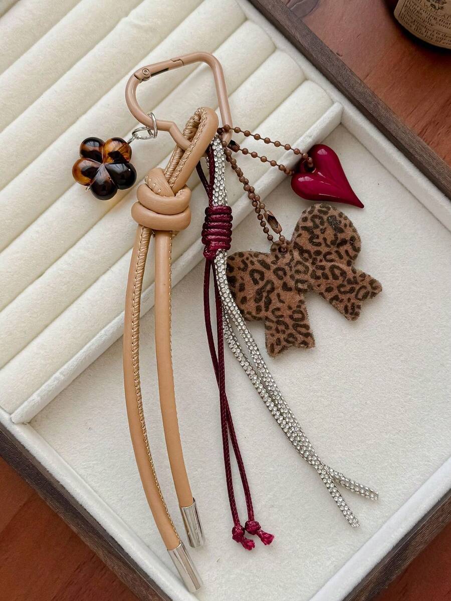 1件秋冬豹紋蝴蝶結流蘇琥珀花紅心鑰匙圈包飾 - 彩色 - 查看 1