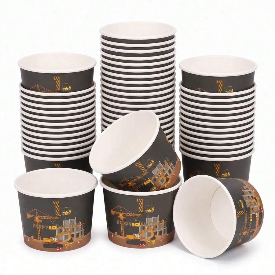 10/20/60 Pcs,9oz Excavator Construction Disposable Paper Ice Cream Cups,Black Construction Truck Ice Cream Paper Bowls,Building Machinery Print Decorative Dessert Snack Paper Container For Buffet Table,Holiday Celebration Gathering - Multicolor - View 1