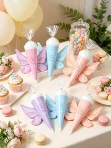 24/12/6 piezas Bolsas de cono de algodón de azúcar con alas de mariposa de hada, conos de papel de caramelo en tonos pastel, adecuados para cumpleaños de niñas, baby shower, regalos de fiesta con tema de hadas, decoración de fiesta de cumpleaños de bebé, mesa de postres, decoración de mesa - Multicolor - Ver 6