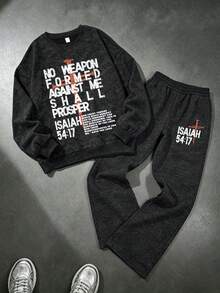 Boys' Fashion Versatile Retro Letter Print Textured Crew Neck Sweatshirt + Textured Wide Leg Pants, 2-Piece Set For Autumn/Winter Daily Wear - Black - View 2