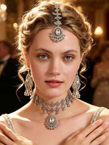 Conjunto de collar y pendientes de perlas falsas y strass de moda, adecuado para uso diario - Conjunto de joyas - Ver 6