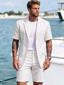 2pcs Men's Short Sleeve Suit Jacket And Shorts Set, Casual And Fashionable Daily Wear, Suitable As Gift For Male Friends - White - View 2