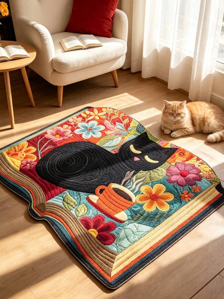 1pc Black Cat In Flower Bed Doormat, Small Rug, Welcome Mat, Carpet, Floor Mat, Outdoor Doormat, Kitchen Rug, Home Decor, Front Door Mat, Area Rug, Outdoor Mat, Home Decor, Area Carpet, Garden Rug, Washable Carpet - Multicolor - View 1