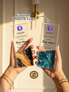 1pc Personalized Marble Pattern Acrylic Trophy Plaque, Customized Logo & Photo Engraving, Service Award, Corporate Employee Recognition Retirement Anniversary Gift, Suitable For Office Workplace - Multicolor - View 1