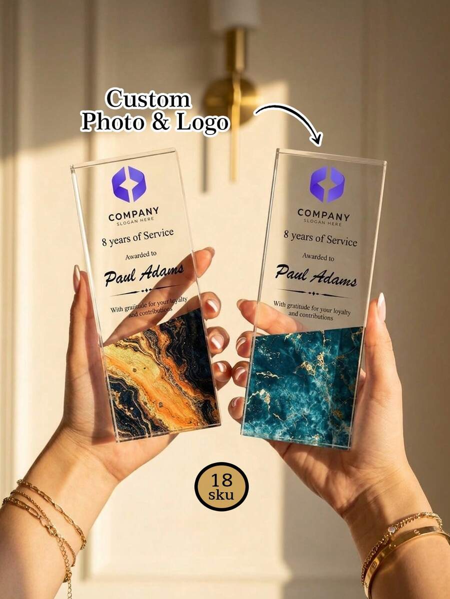 1pc Personalized Marble Pattern Acrylic Trophy Plaque, Customized Logo & Photo Engraving, Service Award, Corporate Employee Recognition Retirement Anniversary Gift, Suitable For Office Workplace - Multicolor - View 1
