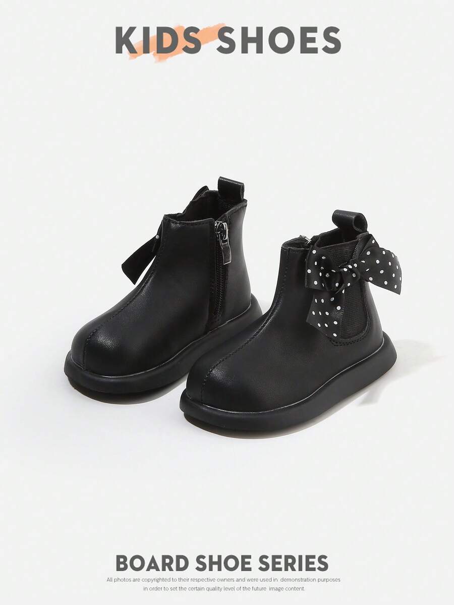 2 Pairs Girls' Polka Dot Bow Decor Round Toe Short Flat Princess Boots For Daily Wear [Select By Actual Cm Inner Length] - Black - View 1
