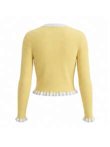 Women's Ribbed Knit Short Cardigan, Decorated With Ruffle Trim And Gold Buttons, Long Sleeve Crew Neck Sweater, Suitable For Spring Wear - Yellow - View 10