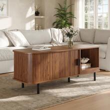 Coffee Table With Sliding Door, Modern Living Room Table With Storage Space, Rectangular Sofa Table With Slatted Look, Side Table With Open Storage Compartment For Living Room, 110 X 40 X 55 Cm - Brown - View 6