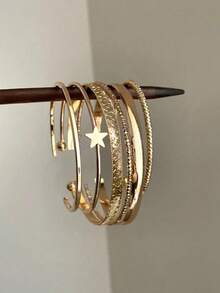 12pcs Gold Bracelet Set, Mixed Texture Stackable Star Cuff Bracelets - Multicolor - View 4