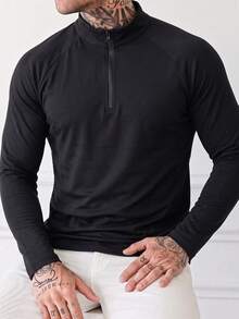 Men's Black Half-Zip Stand Collar Long Sleeve T-Shirt, Raglan Sleeve, Minimalist Commute Solid Color Basic Pullover Layering Base Top - Black - View 4