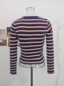 Women's American Retro Striped Contrast Color Knitted Long Sleeve T-Shirt, Crew Neck Inner Layer Base Top, Short Length, Autumn/Winter Fall - Red and White Stripes - View 9