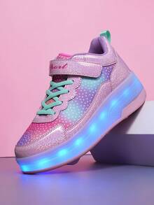 BLSART Kids Starry Sky Gradient Light-Up Detachable 4-Wheel Roller Skate Shoes, Student Sports Casual Shoes - Pink - View 2