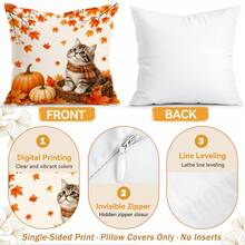 4件裝秋季南瓜貓咪楓葉圖案枕套（不含枕芯），單面印花，適用客廳臥室居家裝飾，四季通用枕套 - 彩色 - 查看 4