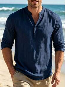 Men's Stand Collar Linen Long Sleeve Polo Shirt, Pure White Textured Casual Top, Double Button Half Placket, Suitable For Beach Vacation And Daily Wear - Navy Blue - View 5