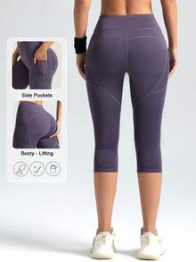 Women's Purple Shorts With Pockets, Tummy Control Stretchy For Yoga Pilates Dance Outdoor Spring Summer Fall Wear Sports - Purple - View 11