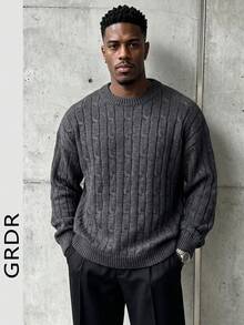 GRDR Men's Casual Cable Knit Crew Neck Long Sleeve Sweater - Grey - View 4