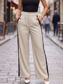 Women's Elegant High-Waist Polyester Wide Leg Pants, Button & Zipper Closure, Long Non-Stretch Trousers, Side Stripe Detail - Apricot - View 4