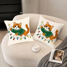shangxia 2PCS--Christmas Colorful Lights Orange Kitten Pattern Printed Pillowcase, Winter Living Room Sofa Cushion, (No Pillow Insert)--(No Pillow Insert)---(Multiple Sizes)---(No Embroidery)---(Single-Sided Print) - Multicolor - View 13