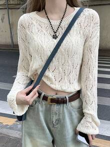 Women's White Cropped Semi-Sheer Knit Top, Long Sleeve Crew Neck Summer - White - View 1