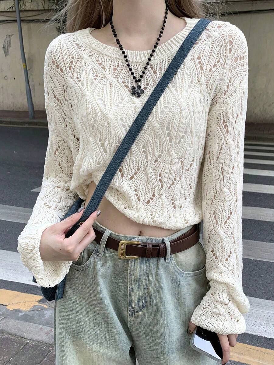 Women's White Cropped Semi-Sheer Knit Top, Long Sleeve Crew Neck Summer - White - View 1