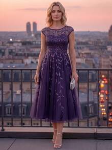 EVERPRETTY 優雅秋季正式晚宴中長洋裝，紫色，葉片亮片刺繡，透視領口，薄紗裙擺，適合婚禮賓客半正式場合 - 紫色 - 查看 2