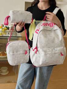 Dedoo Juego de 3 piezas de mochila, estampado de estrellas y letras, cordón con cremallera de bloques de color, gran capacidad, mochila escolar, bolsa de estudiante diaria para campus universitario - Blanco - Ver 5