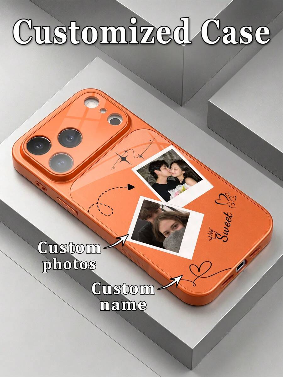 1 buah Casing Ponsel Kaca Tempered Jendela Besar Mewah DIY Kustomisasi Ganda dengan Foto & Nama, Anti Jatuh, Kompatibel dengan Apple Duo/18ProMax/17ProMax/16Pro/15/14Plus/13Pro/12ProMax/11, Pelindung Premium Cakupan Penuh - Jeruk - View 1