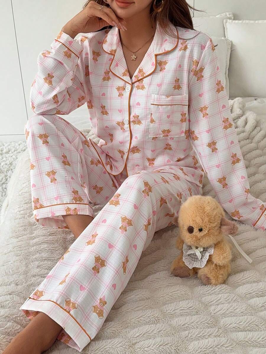 2pcs/Set Women's Autumn/Winter Plaid Heart & Bear Print Lapel Long Sleeve Top And Pants Pajama Set - Pink - View 1