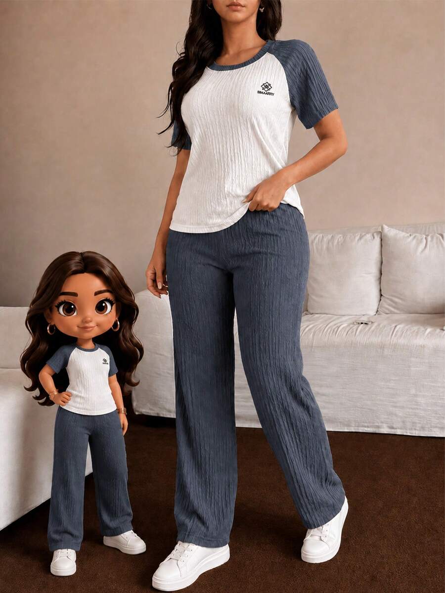 Conjunto casual de 2 piezas para mujer. Camiseta de manga corta, cuello redondo. Pantalón de pierna recta. Ajuste de cintura con resorte ligero. Sin bolsillos. Muy cómodo y transpirable. - Gris - Ver 1