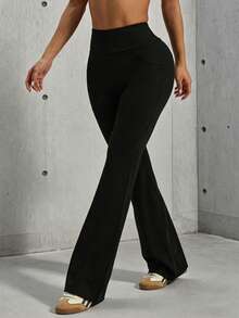 Hidkat Women's Fashion Solid Color High Waist Slim Fit Yoga Sports Knit Flare Pants - Black - View 3