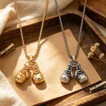 1pc New Fashion Stainless Steel Chain Personalized Boxing Gloves Pendant Necklace For Men, Suitable For Daily Wear - Antique Silver - View 5