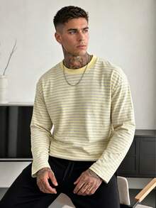 Simple Studio | Men's Casual Striped Digital Print Versatile Crew Neck Long Sleeve T-Shirt - Yellow - View 2