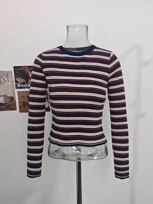 Women's American Retro Striped Contrast Color Knitted Long Sleeve T-Shirt, Crew Neck Inner Layer Base Top, Short Length, Autumn/Winter Fall - Red and White Stripes - View 8