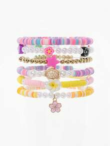 6pcs/Set Multi-Color Sweet Cute Soft Clay Resin Faux Pearl CCB Beads Shell Starfish Turtle Ocean Elements Evil Eye Flower Pentagram Bracelet Set, Suitable For Women Daily Wear And Gift - Multicolor - View 2